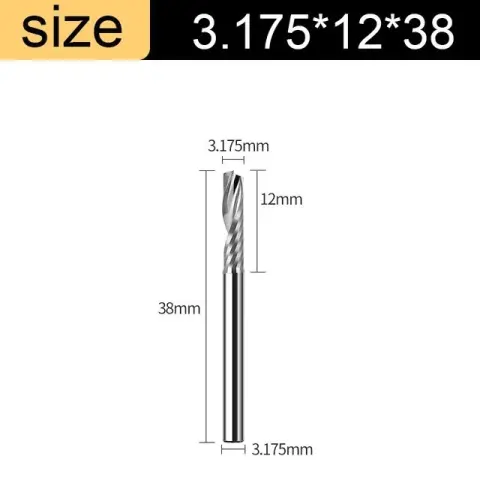 ดอกกัด CNC 1 ฟันเกลียว ทังสเตนคาร์ไบด์ 3.175x12x38 มม. สำหรับอะคริลิค ไม้ MDF